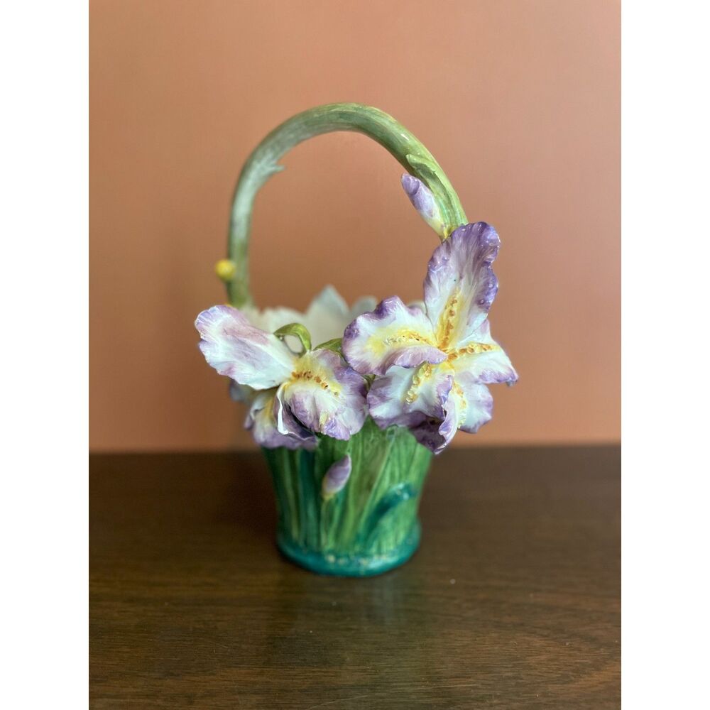 Vintage Delft Ceramic Iris Flower Basket Vase 13” Purple Floral Majolica Style